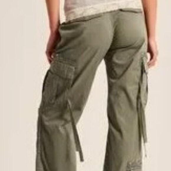 Abercrombie & Fitch Utility Cargo Pants Baggy Y2K Style Olive Satin Accents - Picture 15 of 16